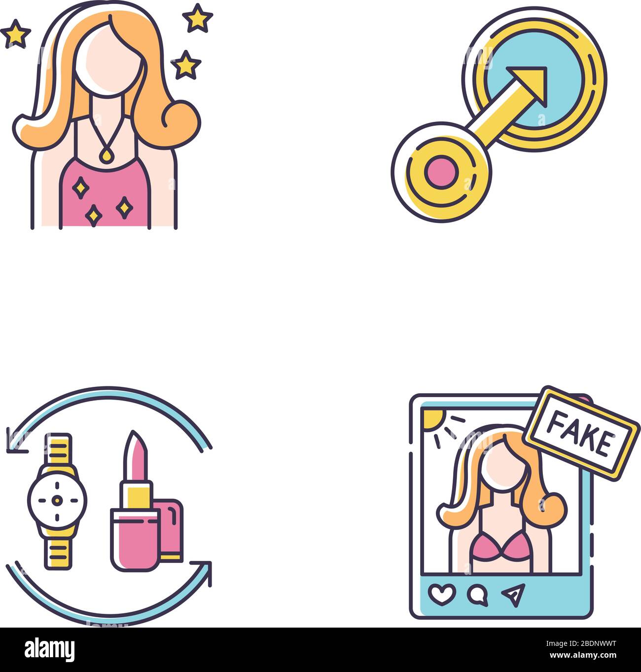 Set di icone a colori RGB influencer sui social media. Celebrità femminile popolare. Baratto di prodotti di moda. Integrazione nativa. I social media influenzatori falsi Illustrazione Vettoriale