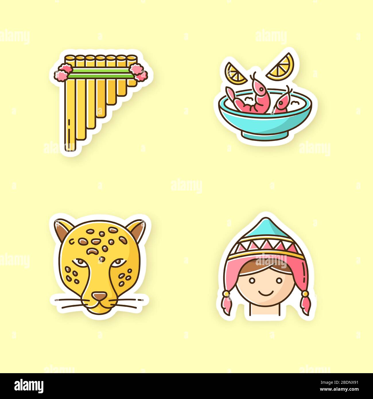 Patch stampabili per il Perù. Arte peruviana, cucina, animali, costume. Siku, ceviche, jaguar, cappello di pollo. Usi della cultura andina. Adesivi a colori RGB Illustrazione Vettoriale