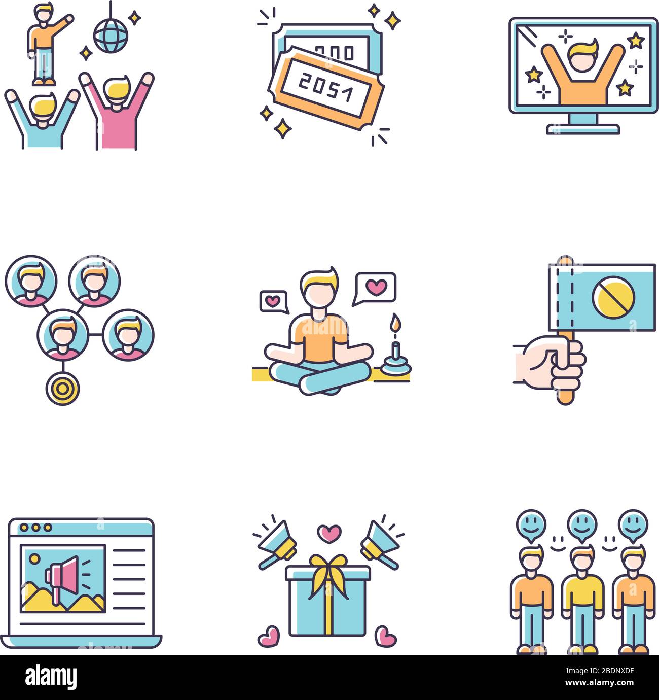 Promozione dei social media icone a colori RGB impostate. Riunione dei fan. Biglietti per lotterie. TV Reality show. Guru dello stile di vita. Promozione del prodotto. Effetto di massa. Leale Illustrazione Vettoriale