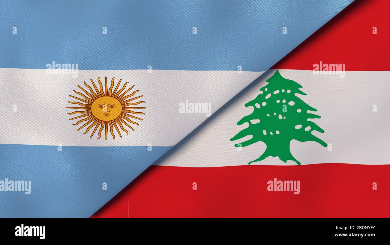 Due bandiere di stato dell'Argentina e del Libano. Background aziendale di alta qualità. illustrazione 3d Foto Stock
