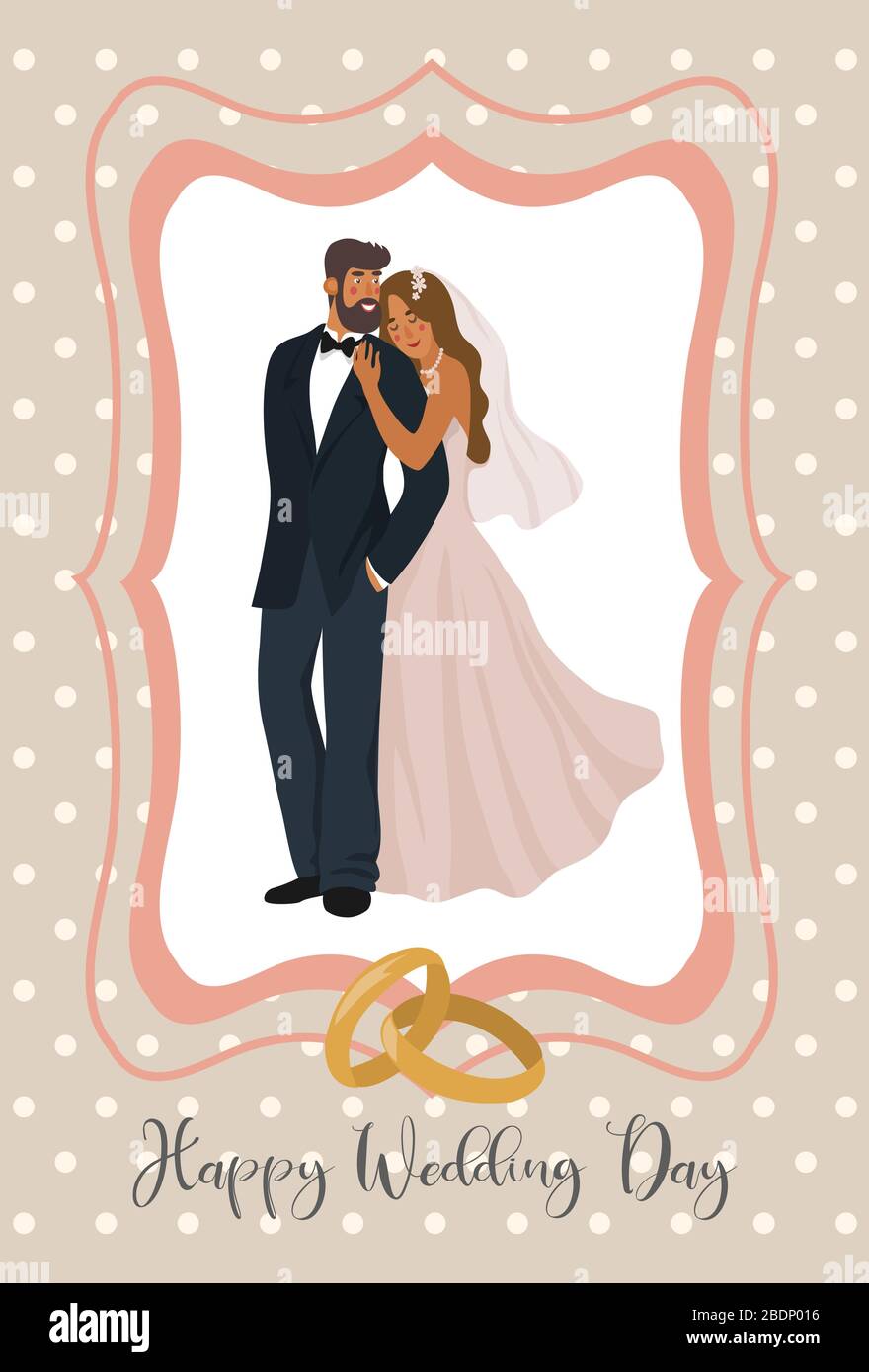 Un paio di sposi novelli e anelli di nozze in carino cornice. Simpatica illustrazione vettoriale in stile piatto. Illustrazione Vettoriale