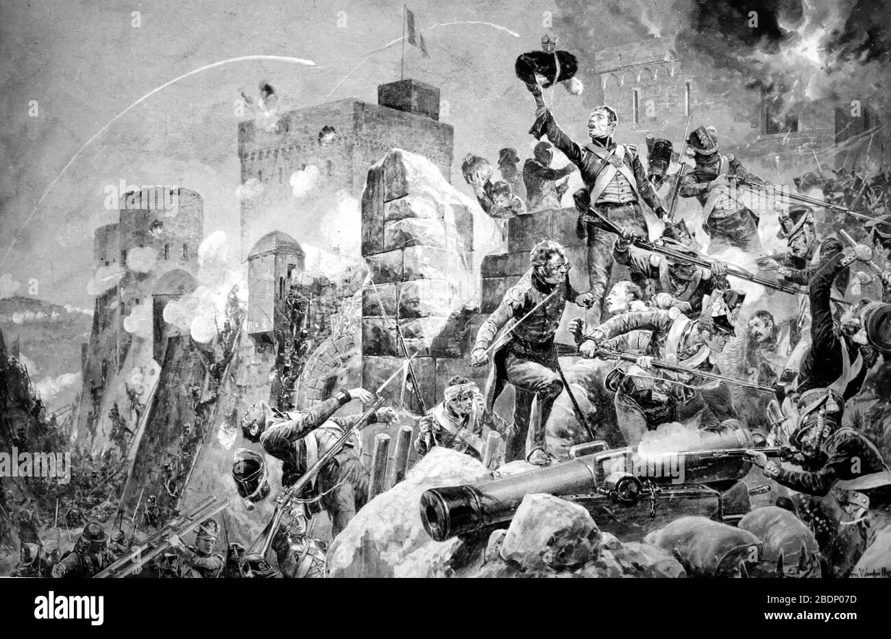 ASSEDIO DI BADAJOZ 16 marzo-6 aprile 1812. L'ottantottesimo reggimento di piedi "il Diavolo" fa tempesta i bastioni. Foto Stock