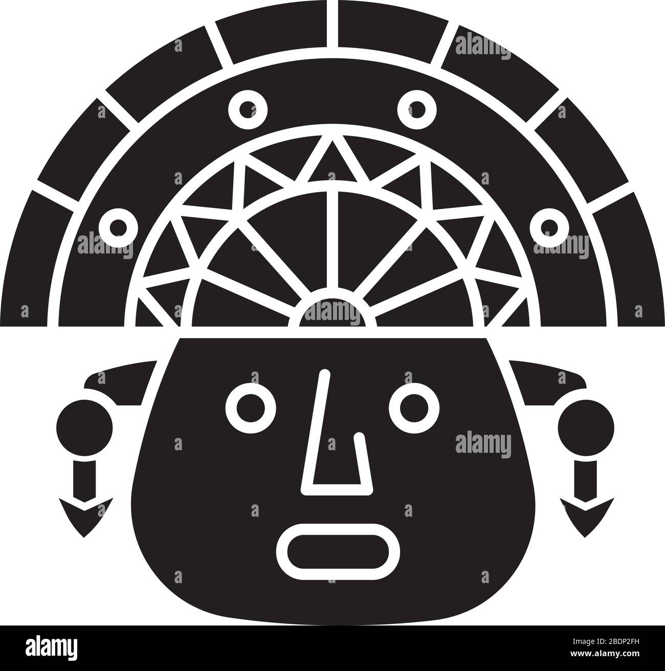 Icona di glifo nero Incas. L'uomo faccia in tradizionale Headdress inca. Maschera cerimoniale azteca. dio ispanico. Cultura peruviana. Simbolo della silhouette su bianco Illustrazione Vettoriale