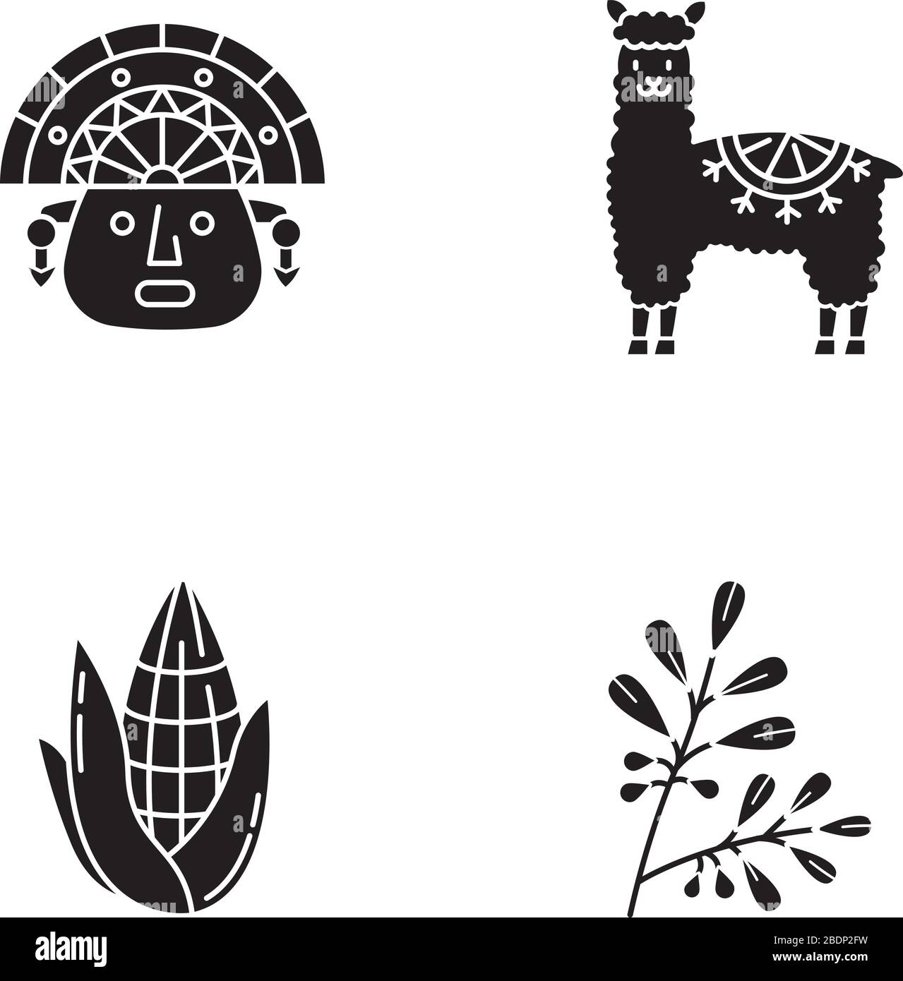 Perù icone glyph nero impostato su spazio bianco. Caratteristiche del paese andino. Alpaca, incas, mais, coca. Storia degli Incas e tradizioni di vita. Costumi peruviani Illustrazione Vettoriale
