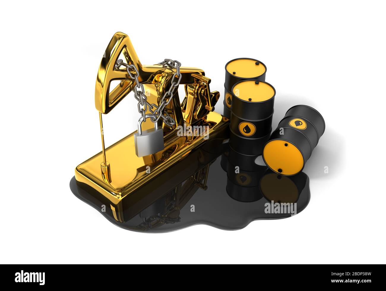 Pumpjack bloccato, barili e olio versato su sfondo bianco. Concetto di riduzione della produzione di olio. Foto Stock