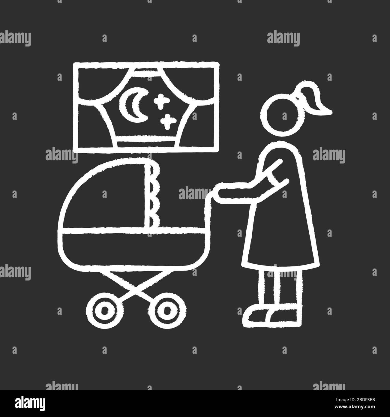 Notte nanny gesso bianco icona su sfondo nero. Madre con bambino in passeggino. Mamma cerca il bambino addormentato. Paternità e maternità. Cura dei bambini Illustrazione Vettoriale