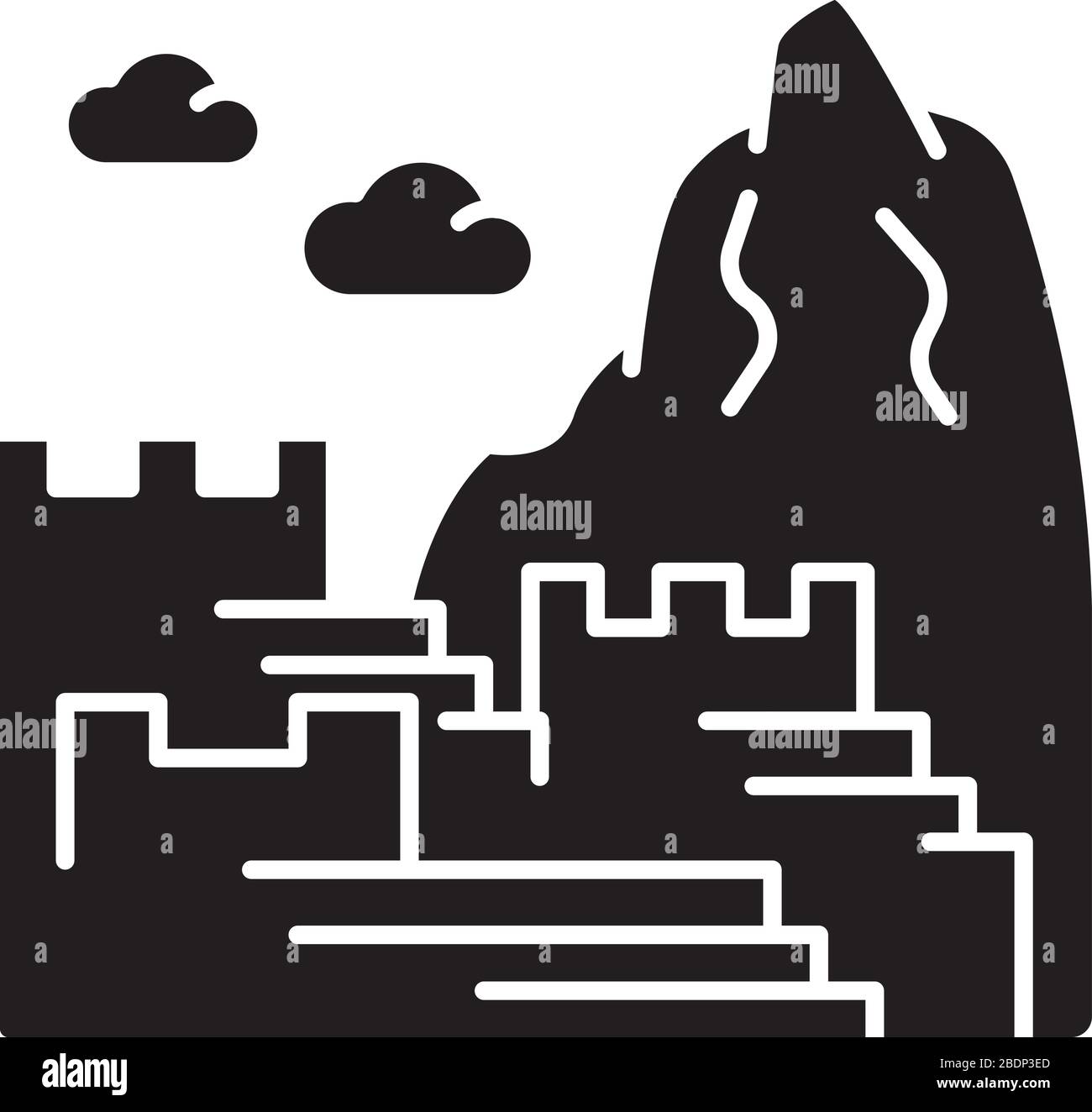 Icona di glifo nero Machu picchu. Cittadella Inca in montagna. Attrazioni turistiche Cusco. Valle Sacra nella Cordillera orientale. Simbolo della silhouette su bianco Illustrazione Vettoriale