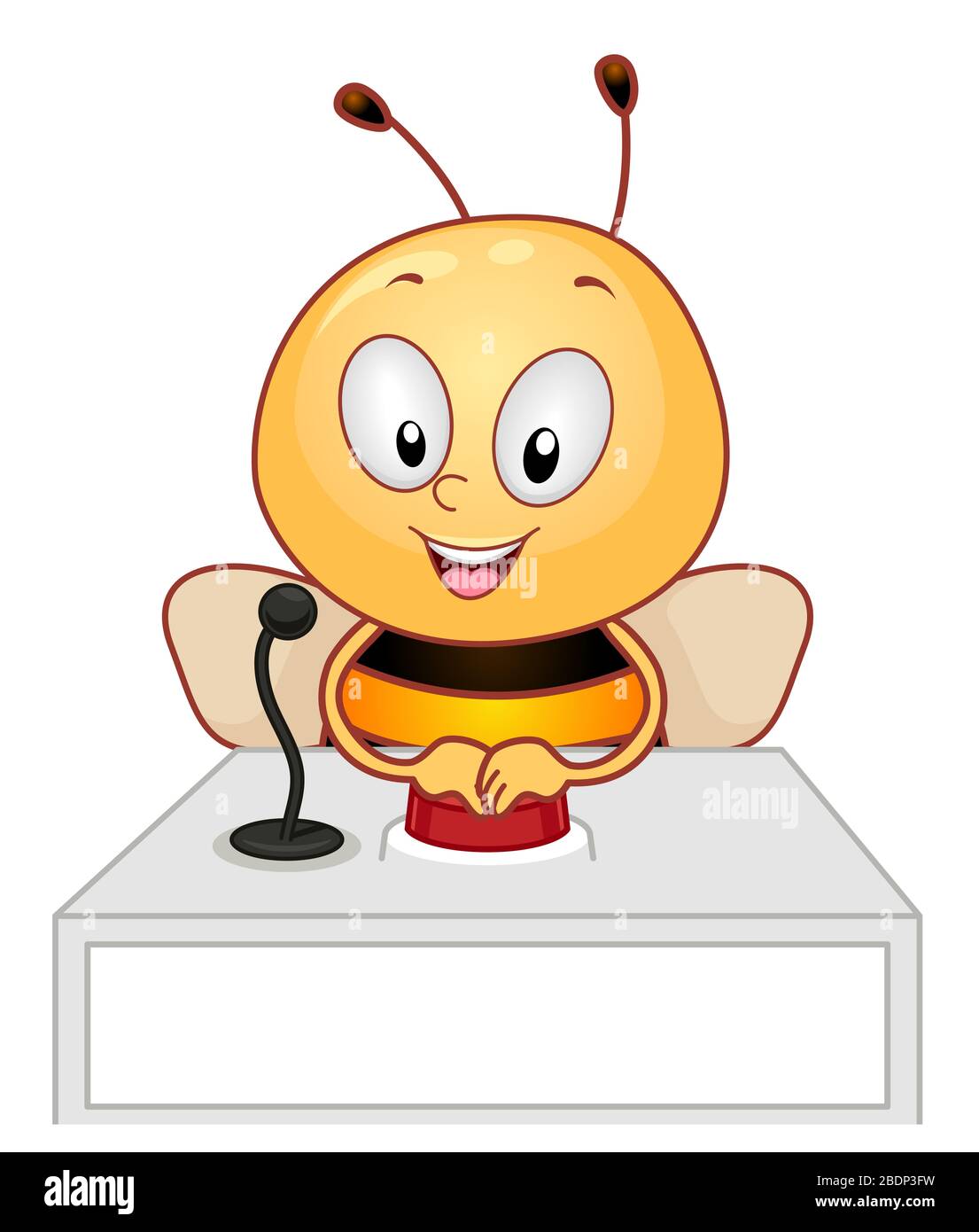 Illustrazione di una mascotte Quiz Bee premendo il pulsante sul tavolo Foto Stock
