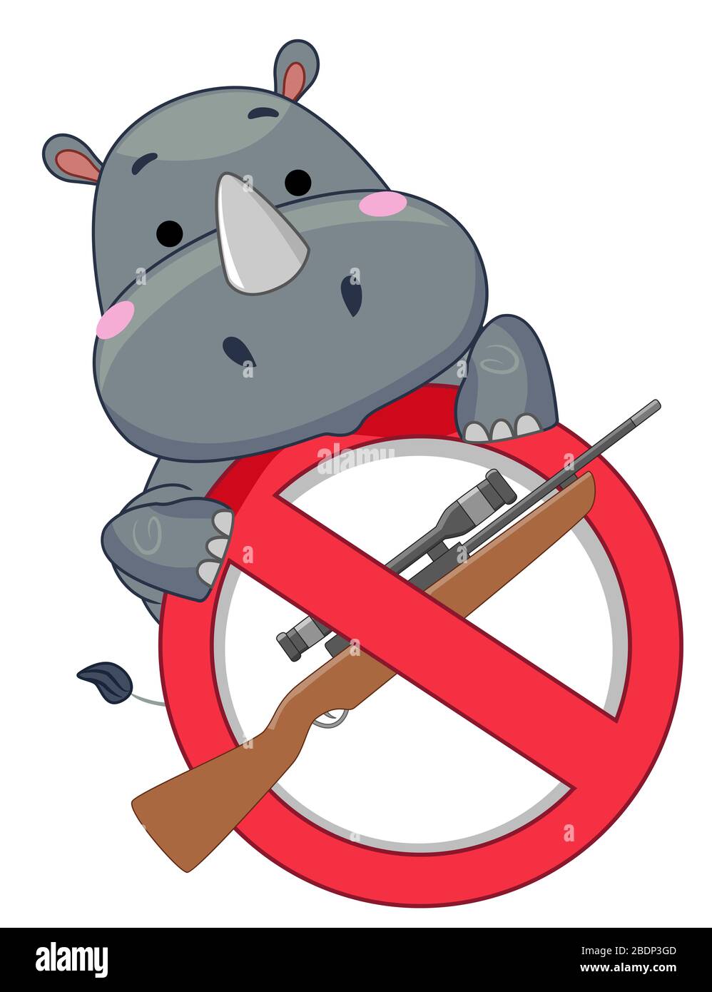 Illustrazione di un Rhinoceros che tiene un segno di arresto con la pistola del fucile per la caccia Foto Stock