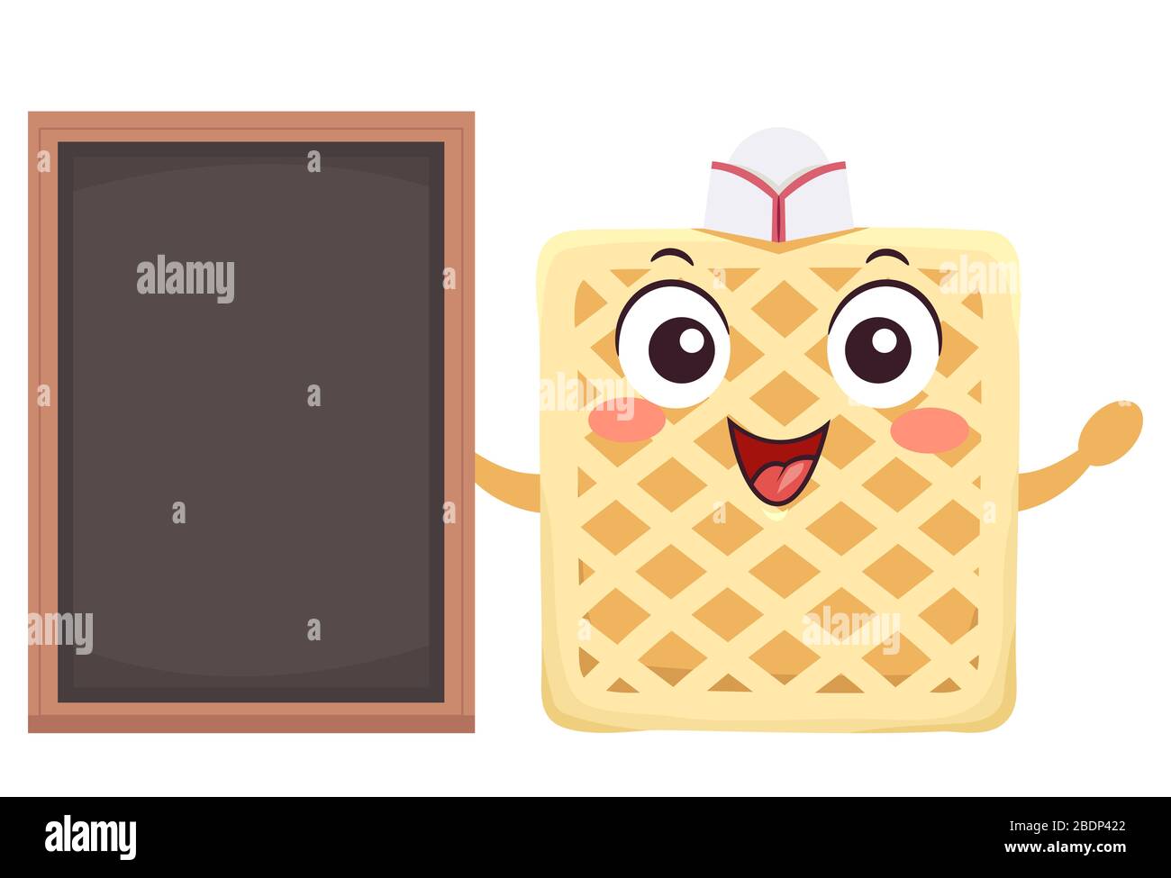 Illustrazione di una mascotte waffle che presenta un menu Blackboard Foto Stock