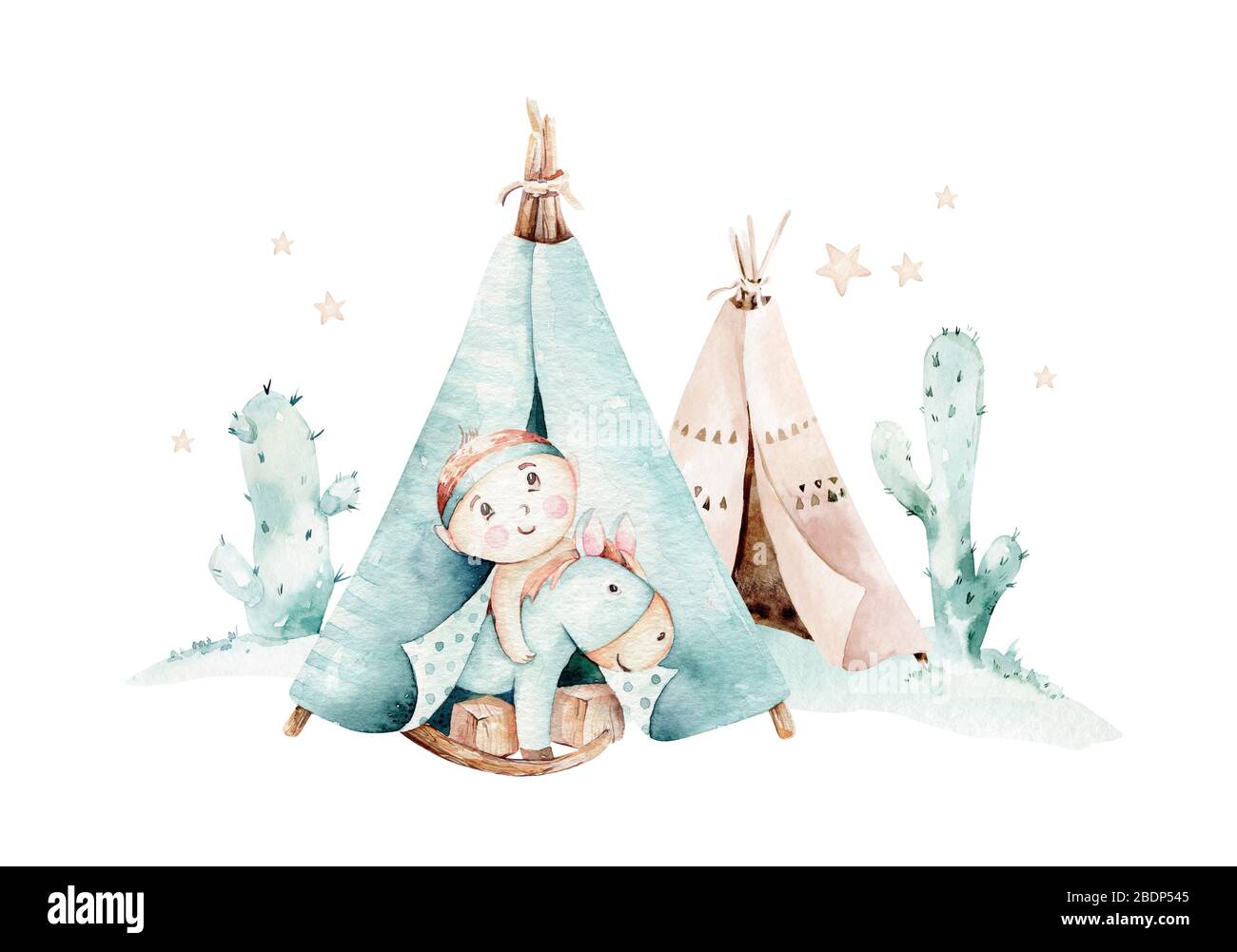 Acquerello con elementi etnici messicani: cactus, teepee, wigwam tradizionale, invito Boho partito. Baby boy baby doccia. Selvaggio ovest Foto Stock