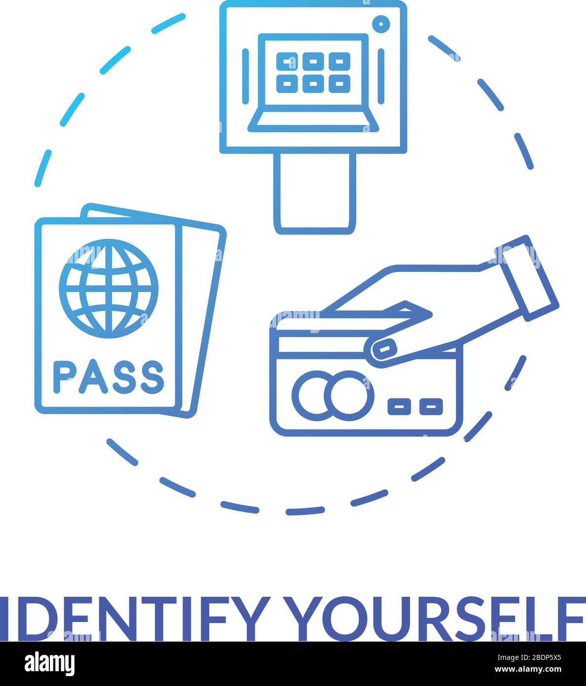 Identificare se stessi icona del concetto. Il controllo del passaporto e l'idea di imbarco sono un'illustrazione a linee sottili. I passeggeri documentano il controllo di sicurezza. Vettore isolato Illustrazione Vettoriale