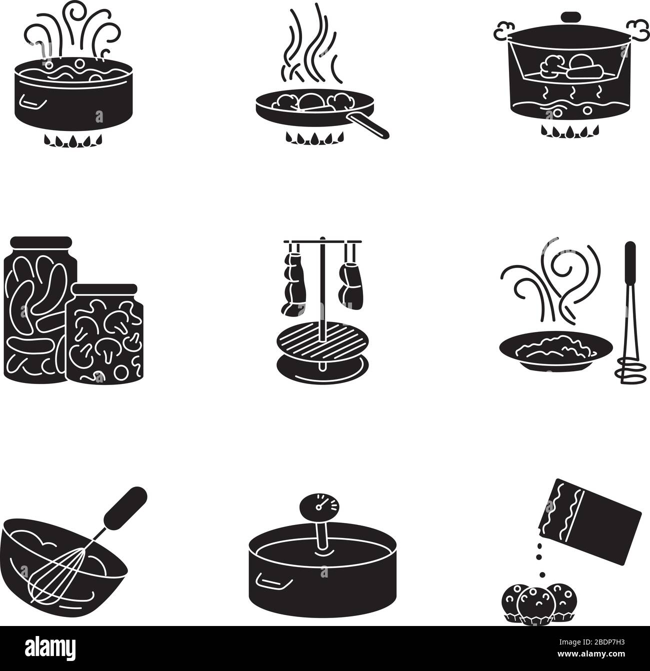 Preparazione del cibo icone glyph nero impostato su spazio bianco. Tecniche di cottura diverse, simboli di silhouette del processo di produzione del pasto. Vari ingredienti e. Illustrazione Vettoriale