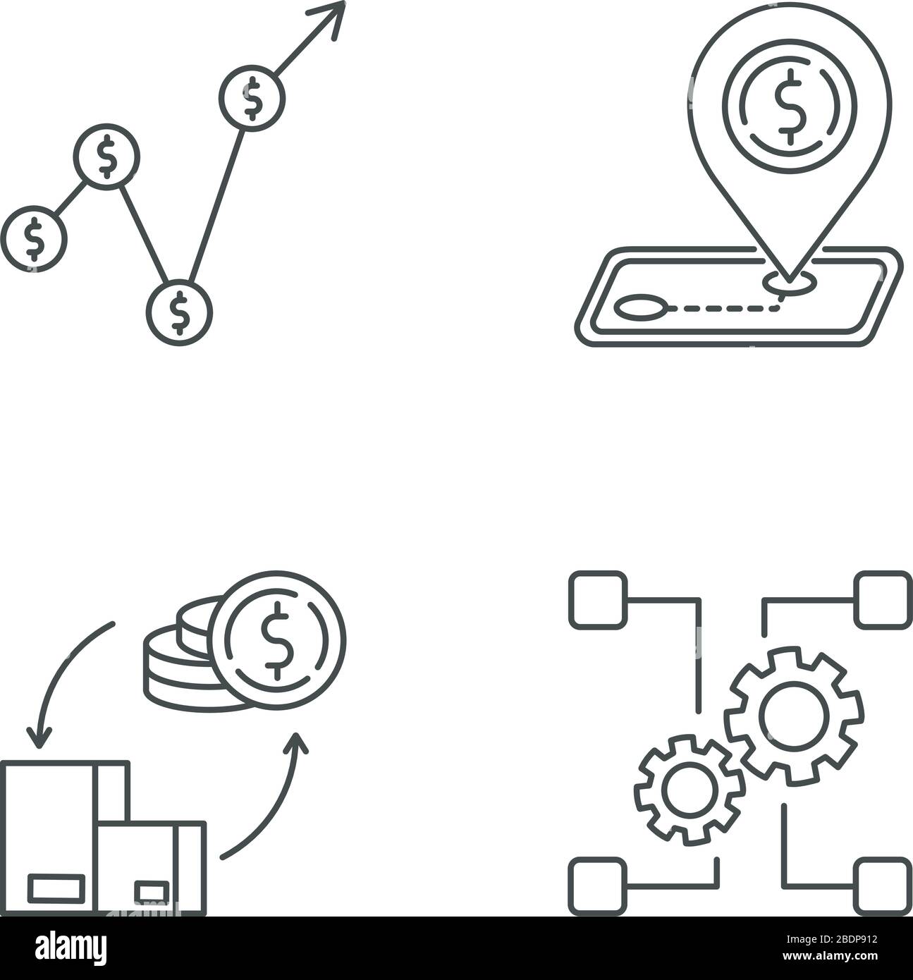 Paese economia pixel perfetto icone lineari set. Prodotto interno lordo, tariffe e saldo dei pagamenti. Simboli di contorno a linea sottile personalizzabili Illustrazione Vettoriale