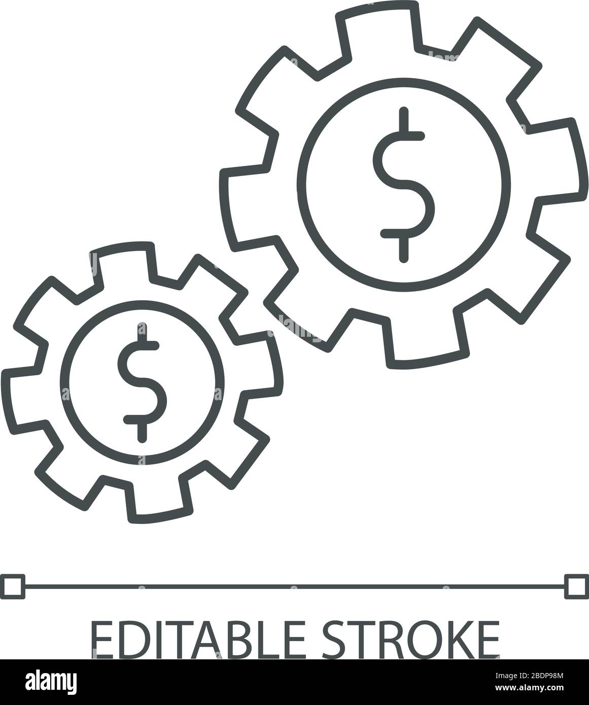 Icona lineare perfetta pixel asset. Meccanismo aziendale, investimenti finanziari funzionanti. Illustrazione personalizzabile a linee sottili. Simbolo contorno. Vettore Illustrazione Vettoriale