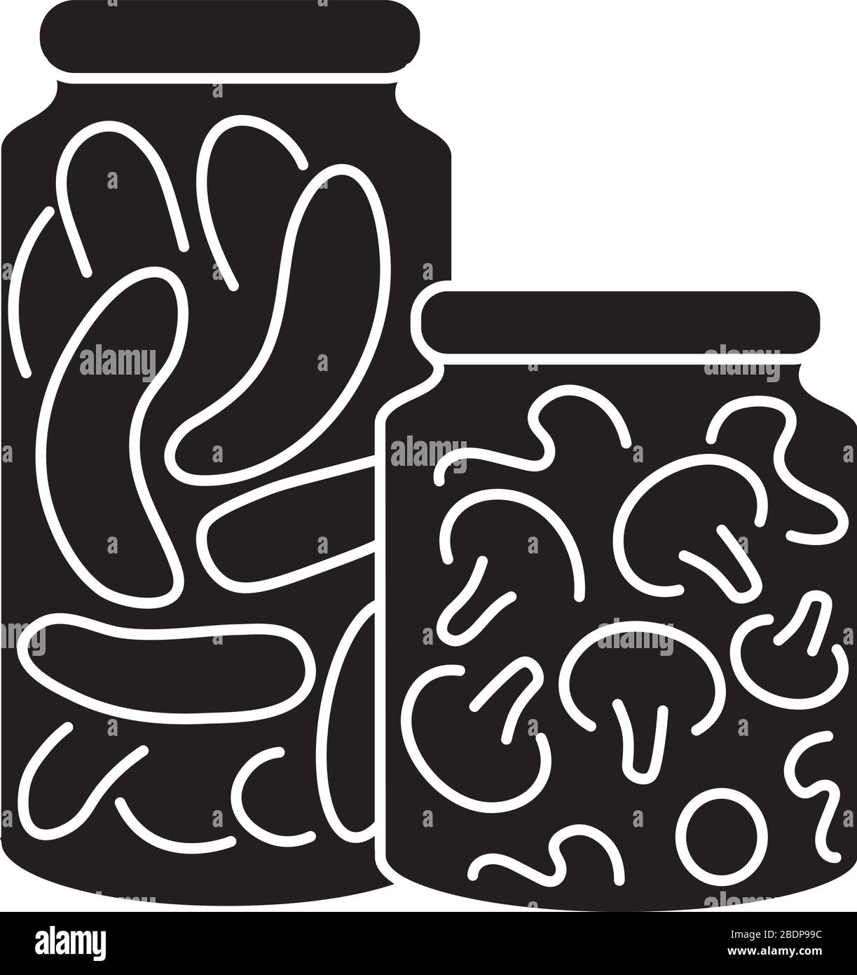 Icona a forma di glifo nero. Conservazione di cibo, conservazione di verdure. Verdure crude fermentazione in salamoia silhouette simbolo su spazio bianco. Inscatolato Illustrazione Vettoriale