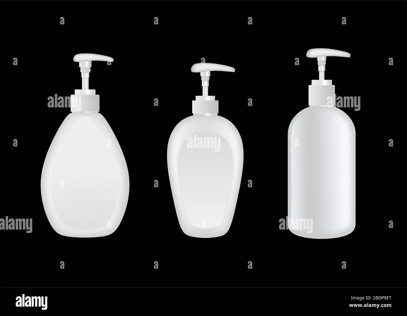 Set di flaconi di plastica bianca con dispenser. Igienizzatore per mani o sapone liquido Foto Stock