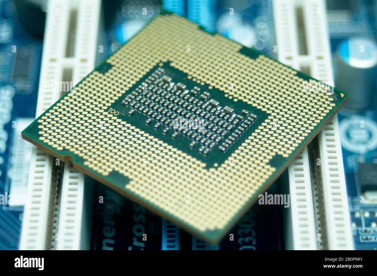 Unità processore centrale (chip CPU) su slot sulla scheda madre del computer. Concetto tecnico, elettrico e IT Foto Stock