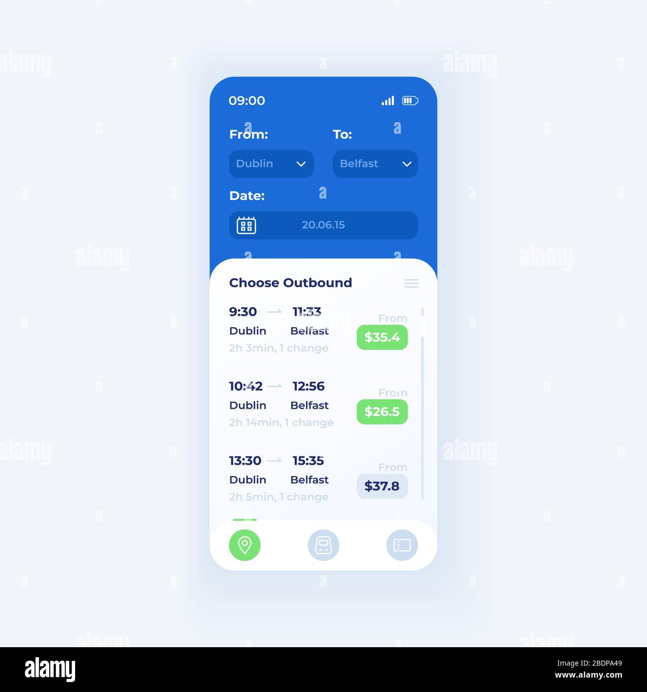 Applicazione di prenotazione biglietti modello vettoriale interfaccia smartphone. Layout di design del tema chiaro della pagina dell'app mobile. Schermata Opzioni disponibili. Interfaccia utente piatta per Illustrazione Vettoriale
