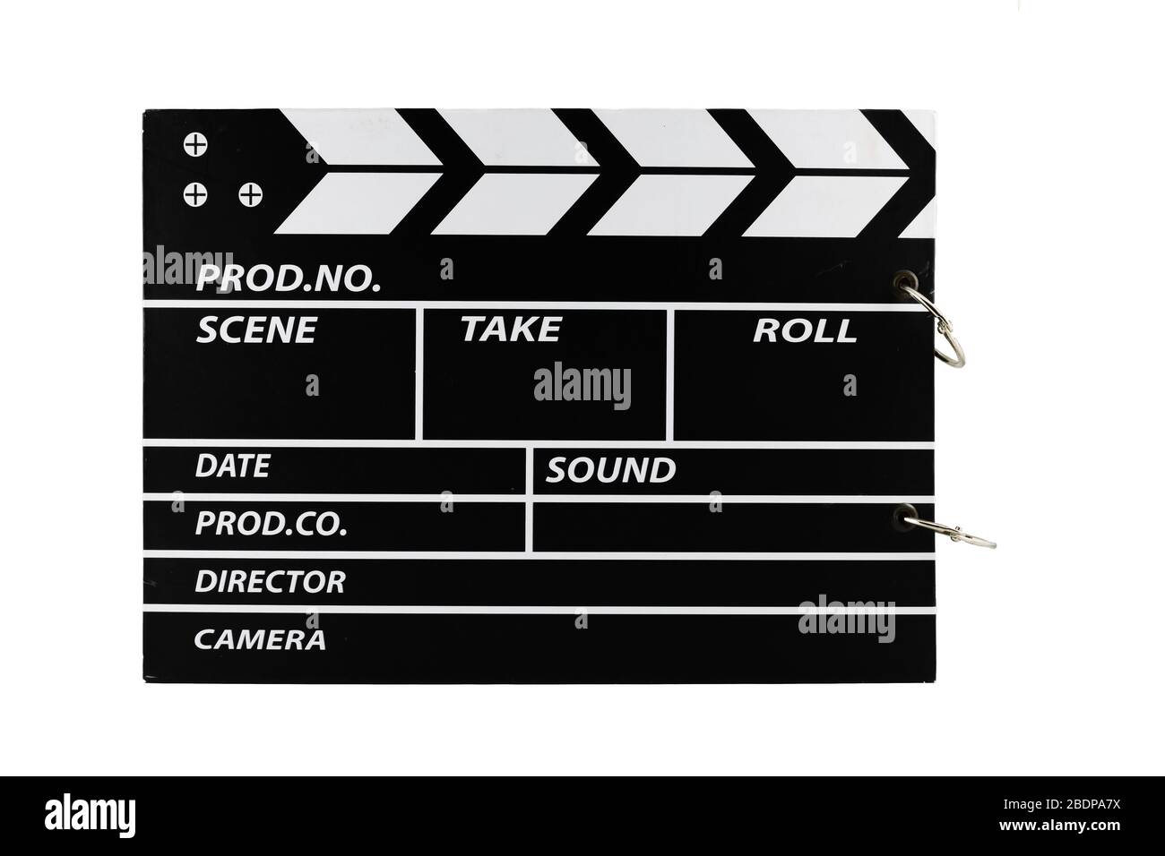 Clap board cinema chiuso con scene, director, tipo di suono di intestazioni di informazioni set, isolato su sfondo bianco. Foto Stock