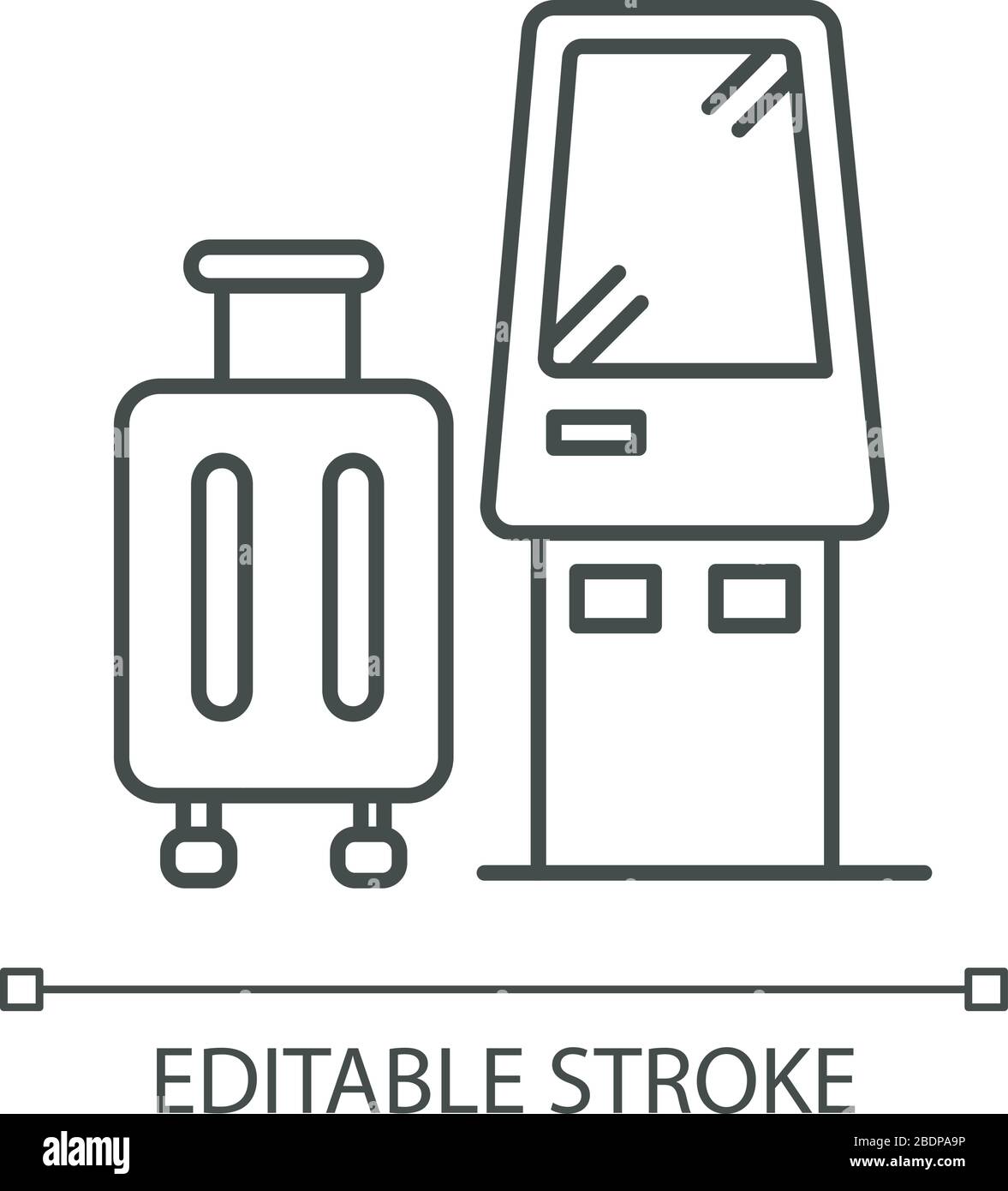 Check in Kiosk pixel Perfect Linear Icon. Terminale self-serving. Confermare le valigie prima del volo. Illustrazione personalizzabile a linee sottili. Simbolo contorno Illustrazione Vettoriale