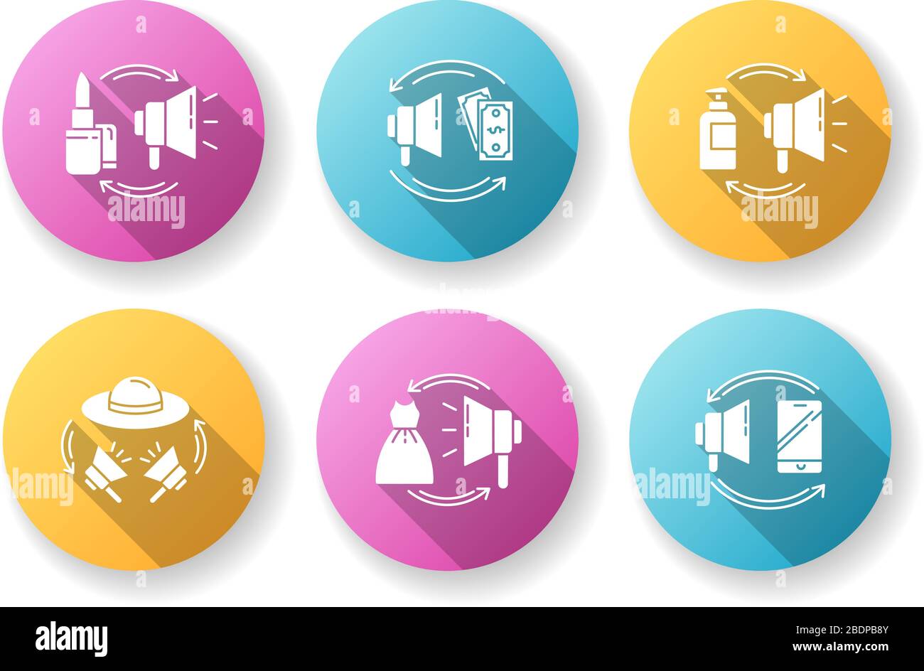 Promozione Flat design Long Shadow Glyph icone set. Baratto come strategia di marketing digitale. Acquista pubblicità con denaro. Sostituire il prodotto per l'esposizione Illustrazione Vettoriale