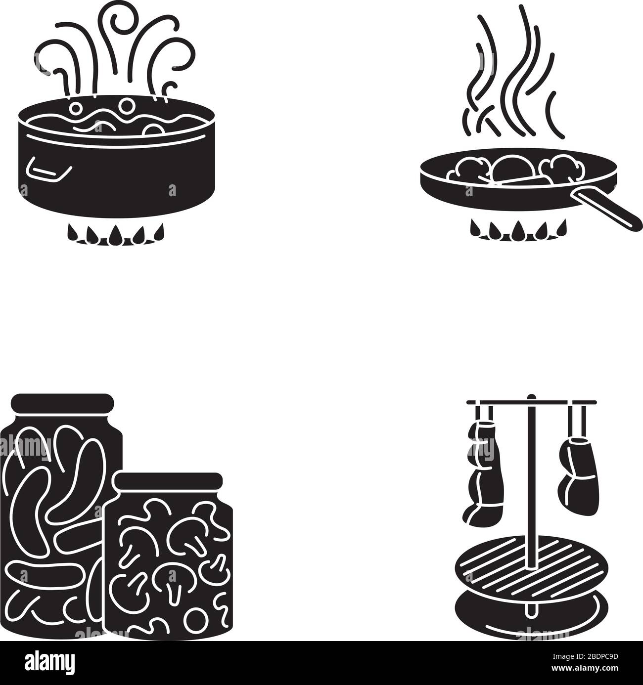 Tecniche culinarie icone glyph nero ambientato su spazio bianco. Diversi metodi di preparazione degli alimenti, simboli di silhouette del processo di cottura. Bollente, frittura Illustrazione Vettoriale