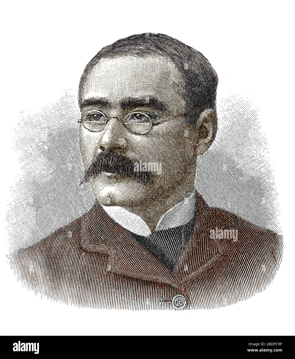 'Portrait de l'ecrivain Rudyard Kipling (1864-1936)' (Ritratto dello scrittore Rudyard Kipling) incisione 19 ° secolo raccolta privata Foto Stock