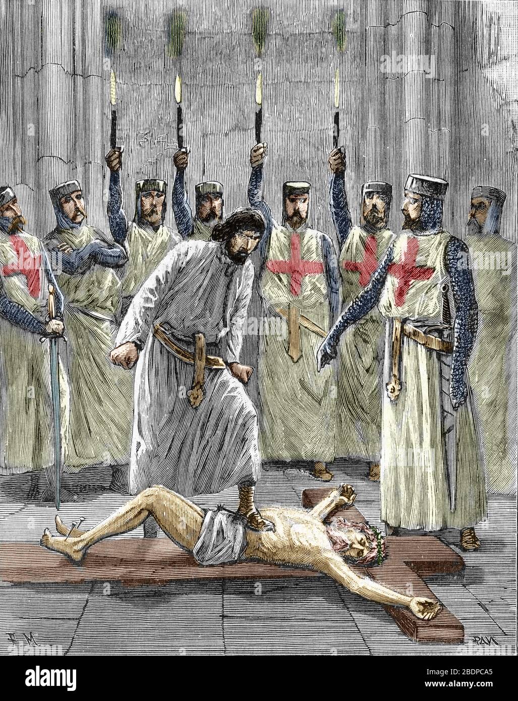 Heresie des templiers : Representation d'une ceremonie d'entree d'un chevalier dans l'ordre du Temple, le templier etant, d'apres les confessions publ Foto Stock
