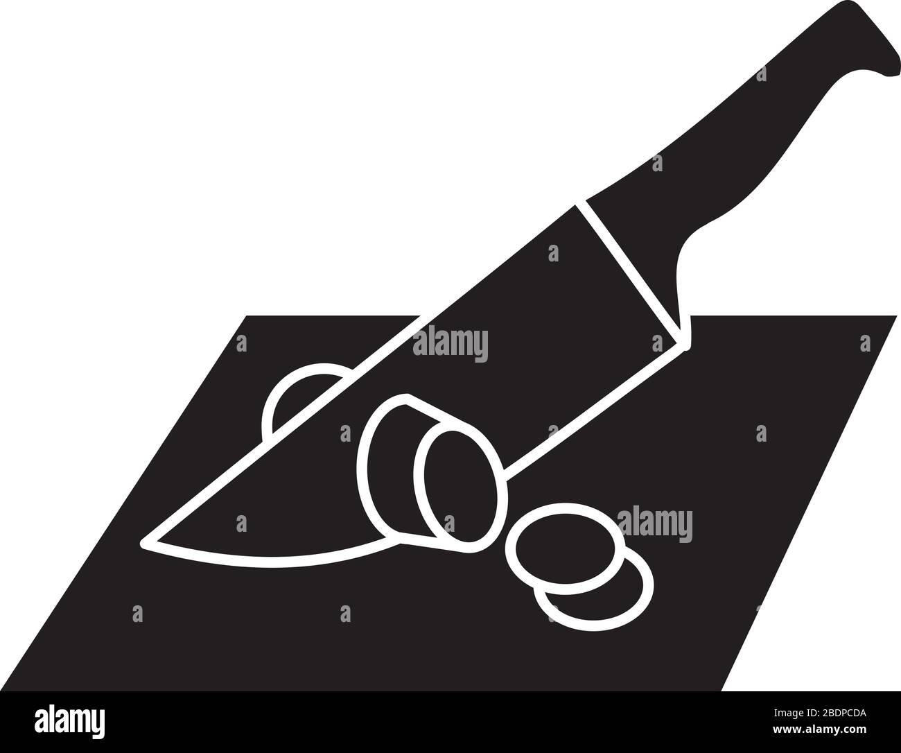 Icona glyph nero di taglio. Preparazione dei pasti, tecnica culinaria. Cucina, cena che rende la silhouette simbolo su spazio bianco. Coltello per affettare ingrediente Illustrazione Vettoriale
