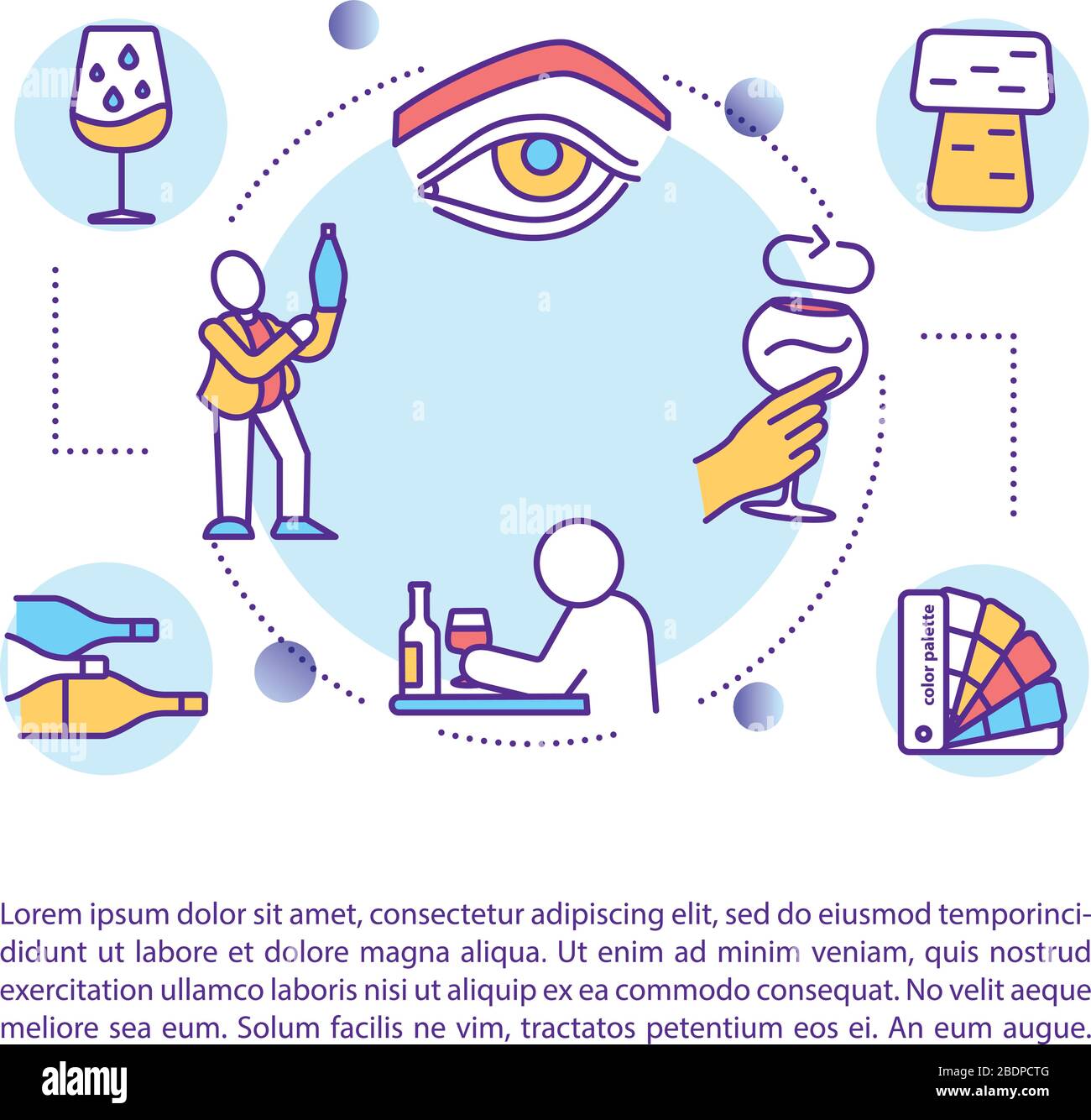 Icona del concetto di degustazione di vini con testo. Sommelier swirl wineglass. Ispezione della viscosità delle bevande. Modello di vettore di pagina PPT. Brochure, rivista Illustrazione Vettoriale