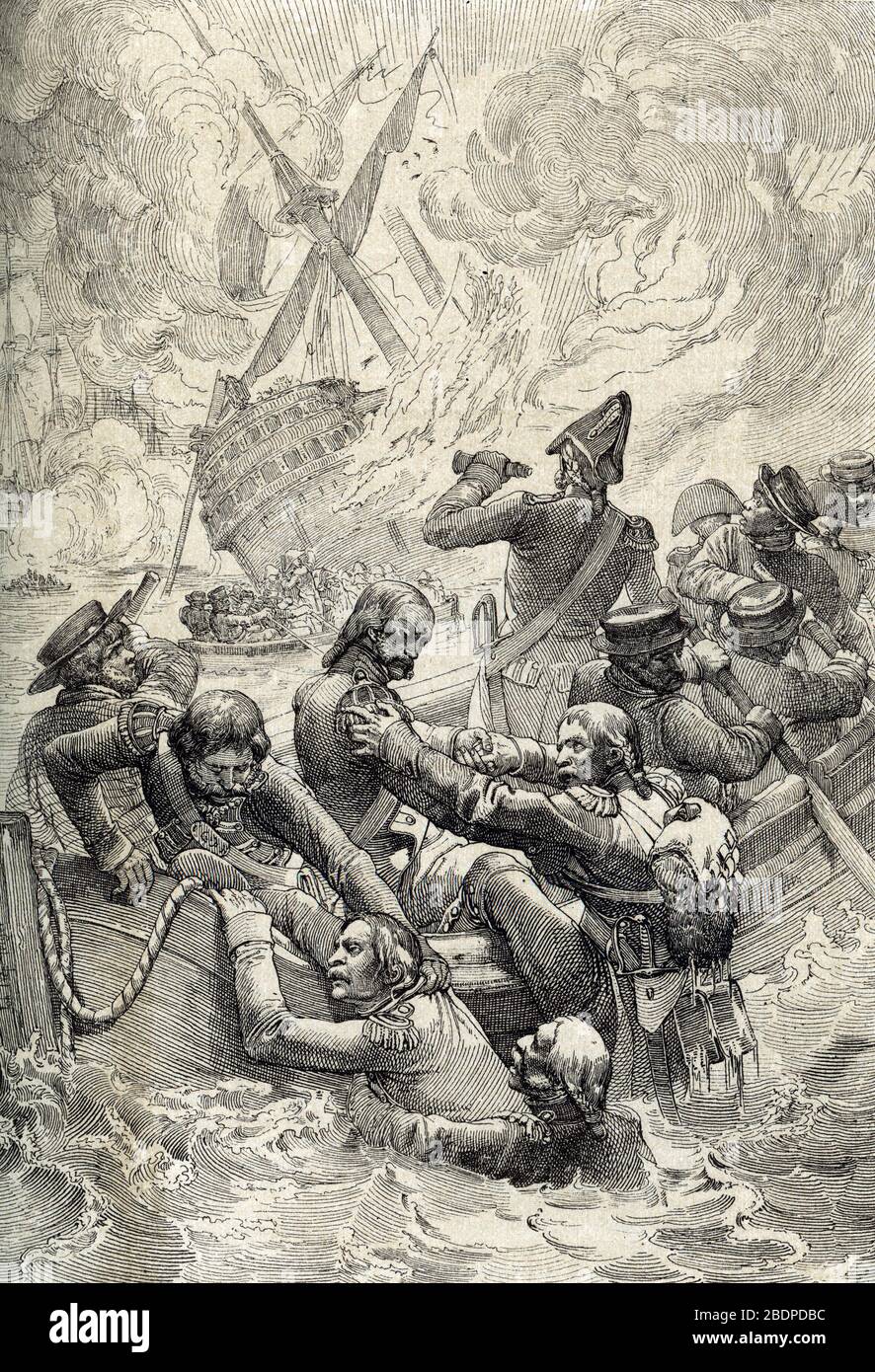 Campagne (Expedition) d'Egypte : la Destruction du navigre 'l'orient' lors de la bataille du Nil (bataille d'Aboukir) en Aout 1798 (Battaglia di aboukir b Foto Stock