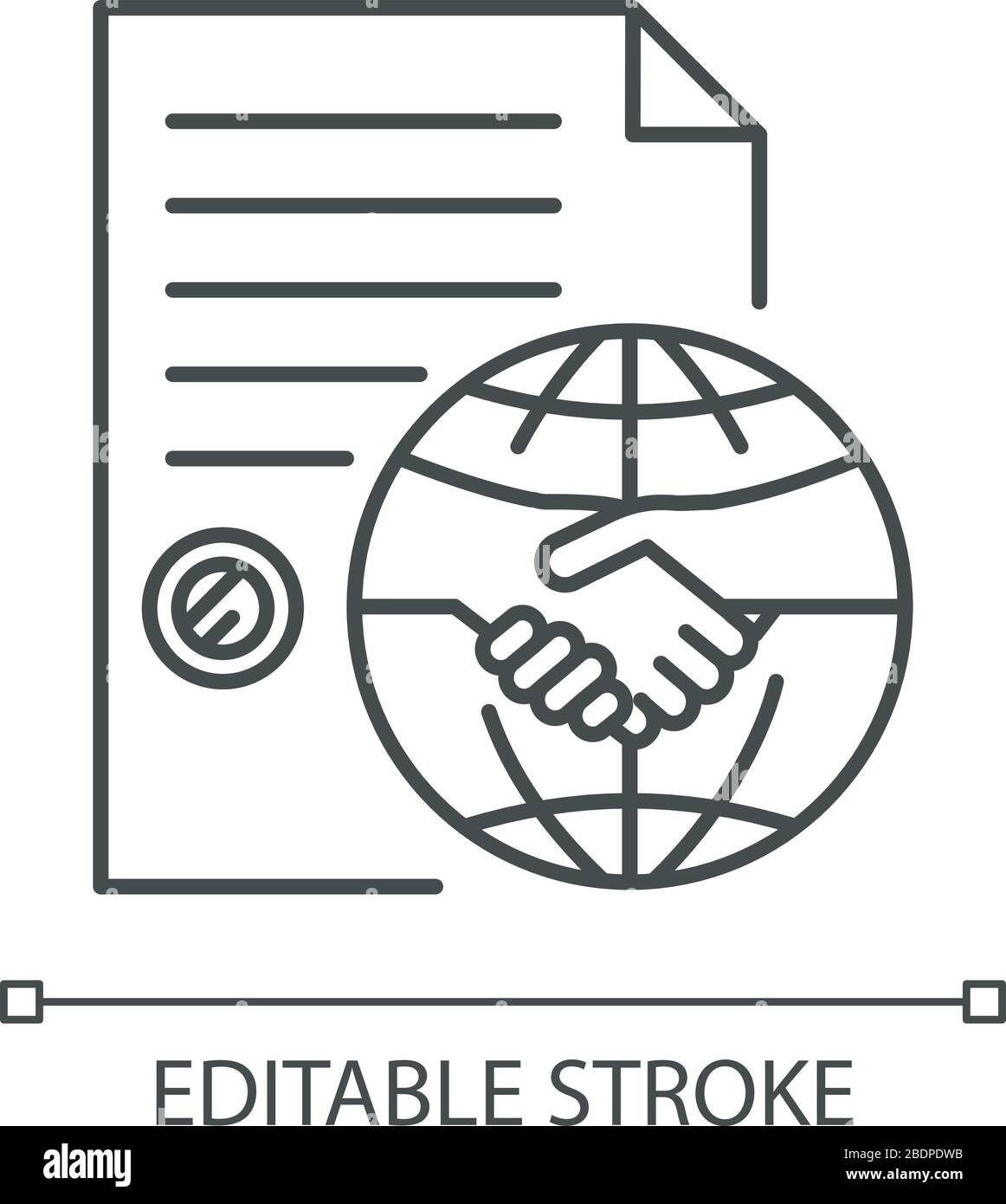 Accordo commerciale internazionale pixel Perfect lineare icona. Partnership, firma del contratto, trattativa. Illustrazione personalizzabile a linee sottili. Simbolo contorno Illustrazione Vettoriale