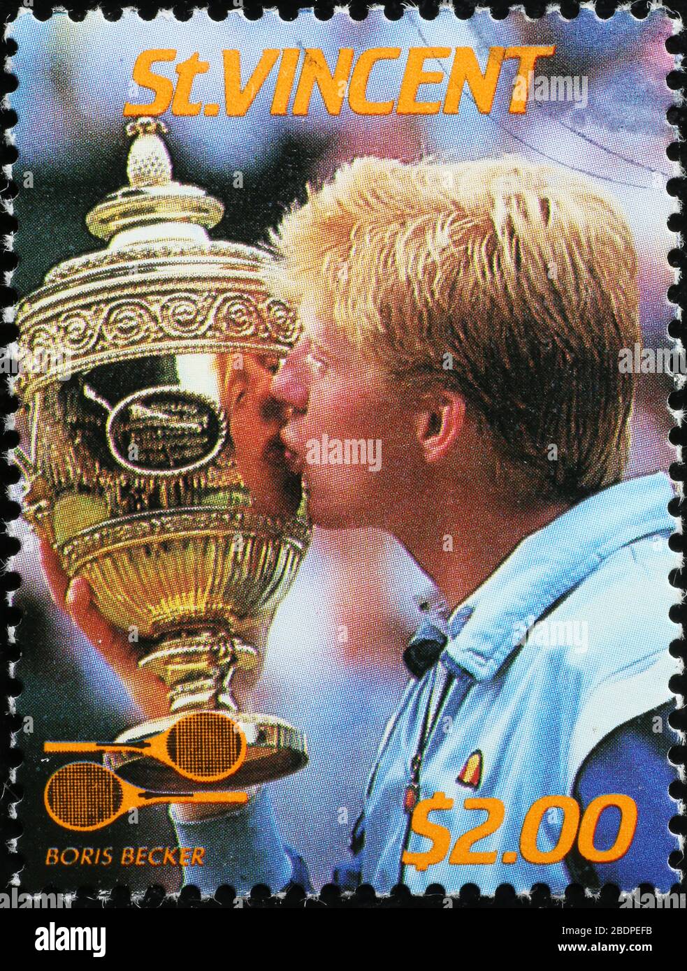 Il campione di tennis Boris Becker sul francobollo Foto Stock