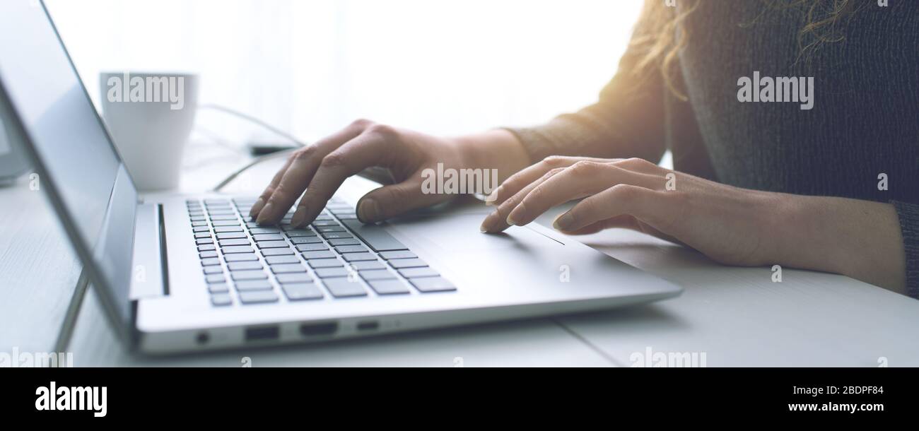Donna seduta alla scrivania e in collegamento con il suo computer portatile, sta lavorando e digitando sulla tastiera, le mani si avvicinano Foto Stock