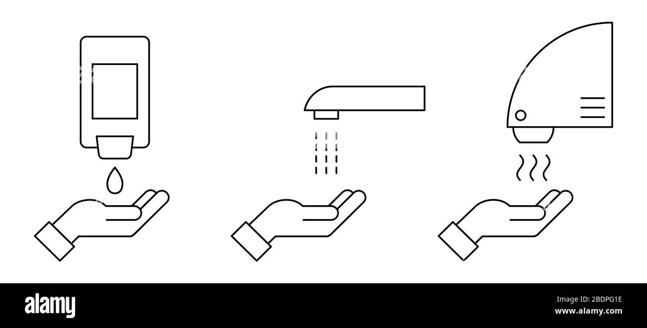 Icona della linea sottile della procedura di lavaggio delle mani. Apparecchiature per servizi igienici senza contatto automatizzate con sensori. Istruzioni su come lavare le mani in modo sicuro. Sapone, risciacquare, asciugare Illustrazione Vettoriale