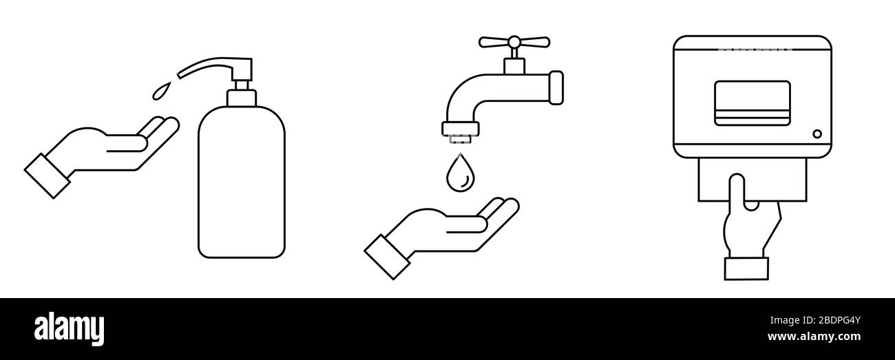 Istruzioni su come lavare le mani in modo sicuro. Icona della linea sottile della procedura di lavaggio delle mani. Fasi: Utilizzare sapone, strofinare, sciacquare e asciugare. Dispenser di sapone, rubinetto e asciugamano Illustrazione Vettoriale