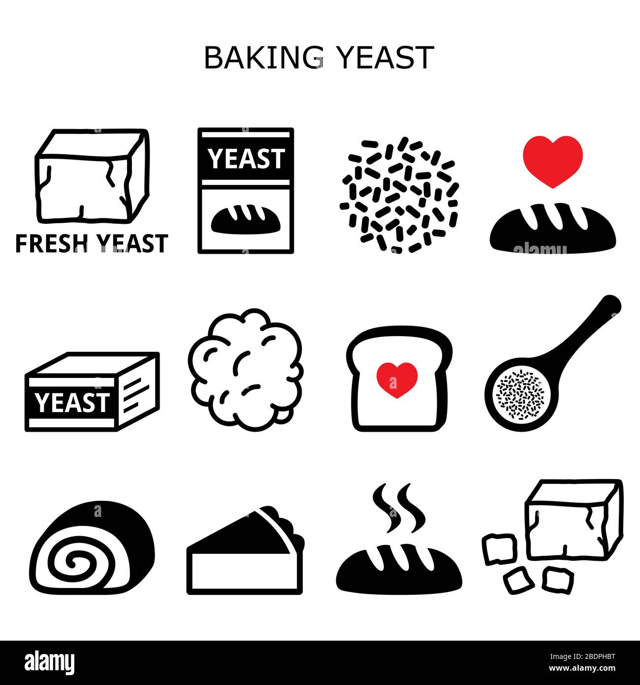 Insieme di icone vettoriali per lievito - idea di pane e torte, pasta di lievito, birra e produzione di vino Illustrazione Vettoriale