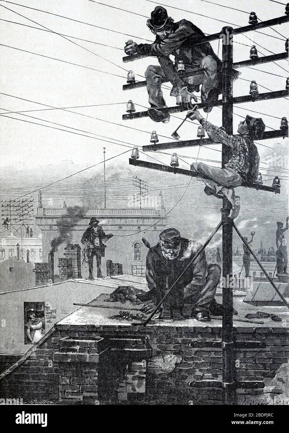 Elettricisti o tecnici telefonici che installano pali telefonici o pali elettrici e fili a Berlino in Germania. Vintage o Old Illustration o Engraving 1866 Foto Stock