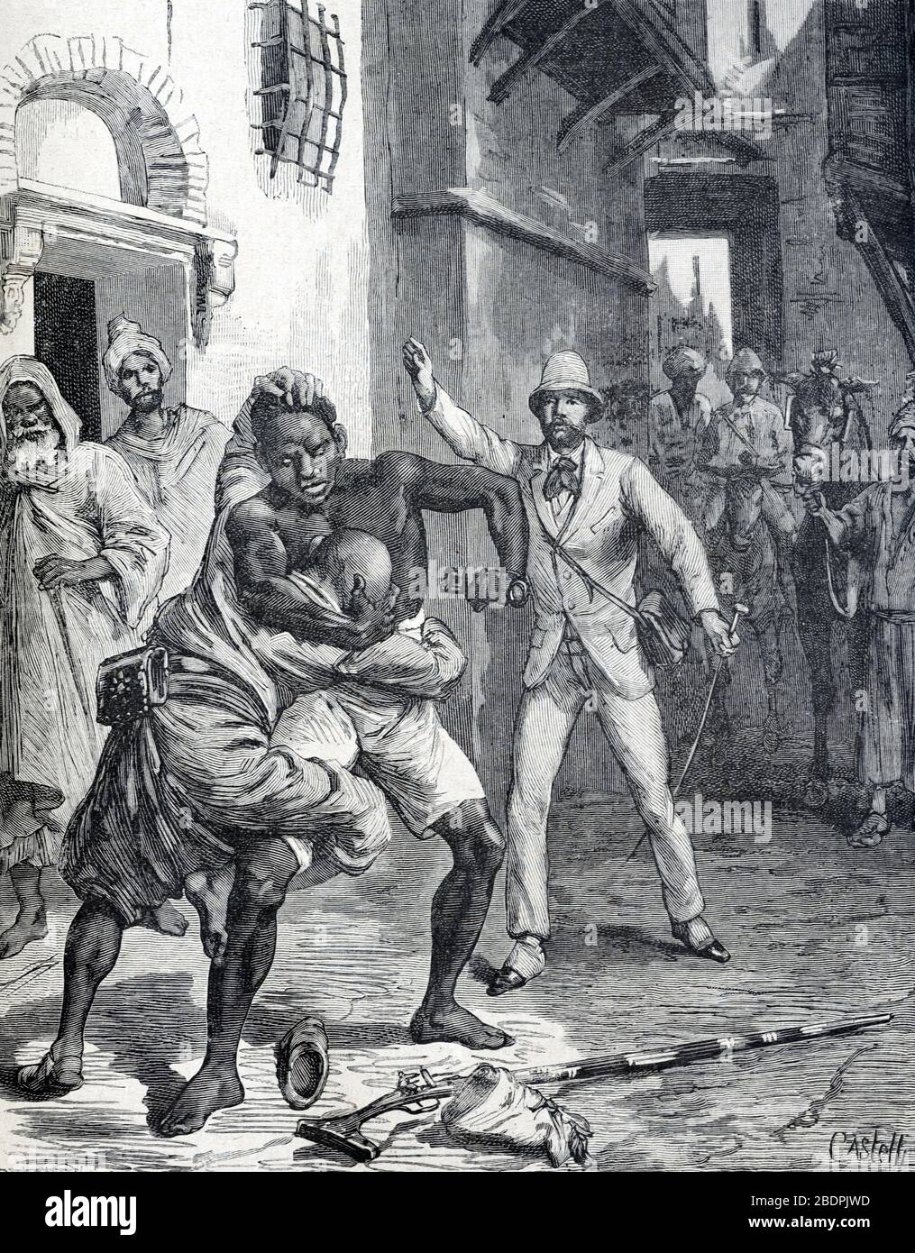 Street Fight o Street Brawl tra Black African e Moroccan Man in Marocco. Vintage o Old Illustration o Engraving 1866 Foto Stock