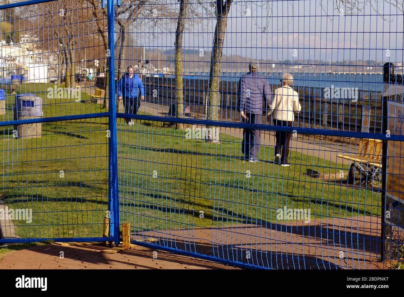 La città di White Rock ha iniziato oggi l'installazione di una recinzione di sicurezza blu per impedire alle persone di accedere al lungomare, durante la pandemia COVID19, il 08 aprile 2020, a White Rock, B.C., Canada. La città è preoccupata che la gente cominci flocking alla spiaggia mentre il tempo sta scaldando e così ha preso questo passo proattivo per impedire la gente che si riunisce nei quartieri vicini e minimizzare il potenziale per la trasmissione COVID-19. La passeggiata rimarrà chiusa dal 10 aprile 2020. (Foto di Adrian Brown/Sipa USA) Foto Stock