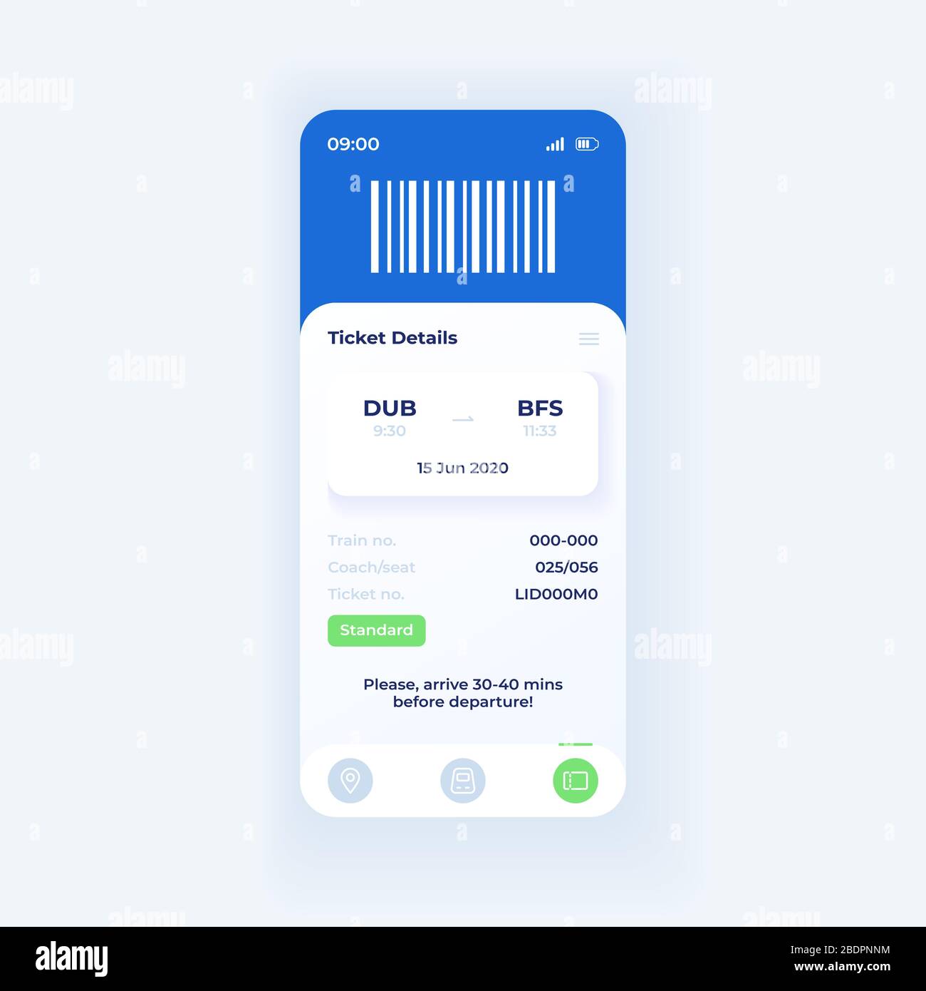 Modello vettoriale interfaccia smartphone applicazione di prenotazione online. Layout di design del tema chiaro della pagina dell'app mobile. Schermata dei dettagli del biglietto. Interfaccia utente piatta per Illustrazione Vettoriale