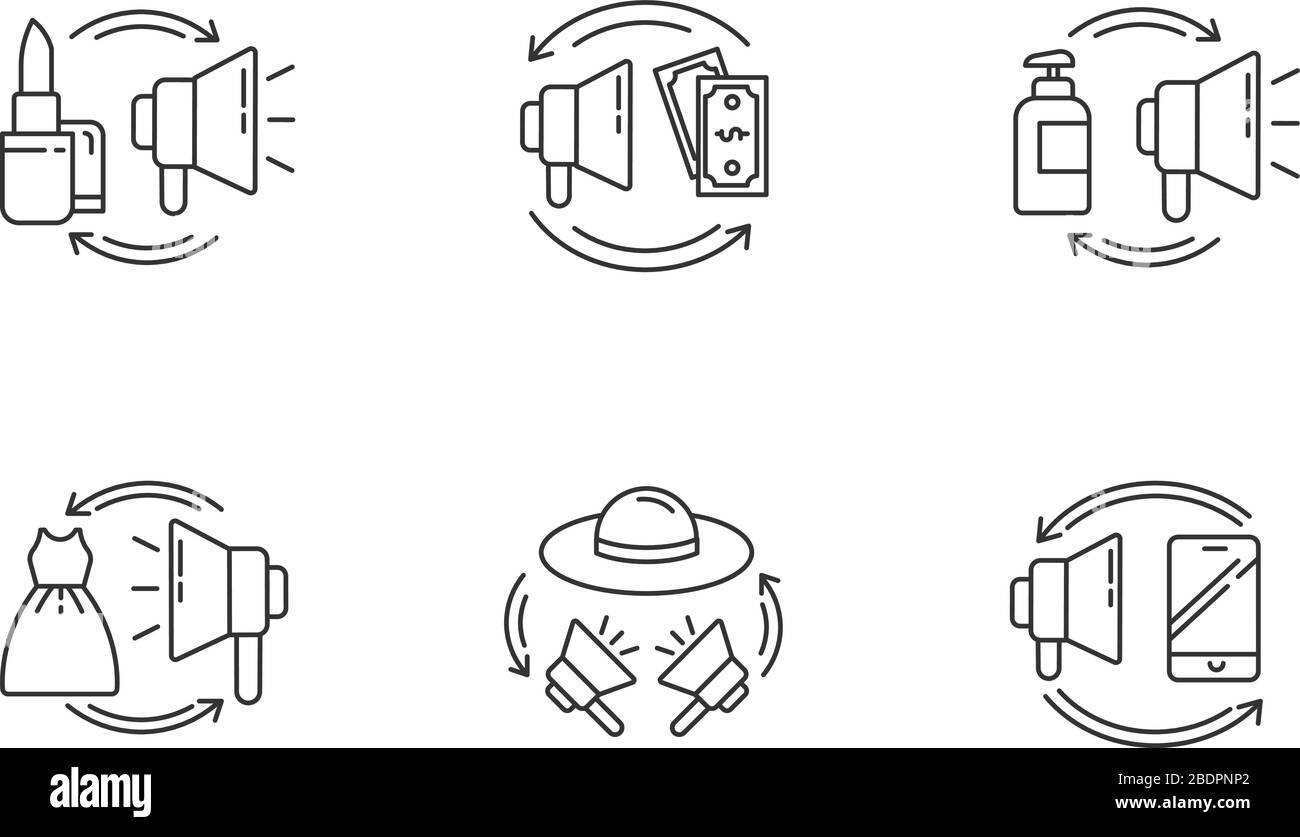 Pixel di promozione icone lineari perfette. Baratto come strategia di marketing. Sostituire il prodotto per l'esposizione. Simboli di contorno a linea sottile personalizzabili Illustrazione Vettoriale