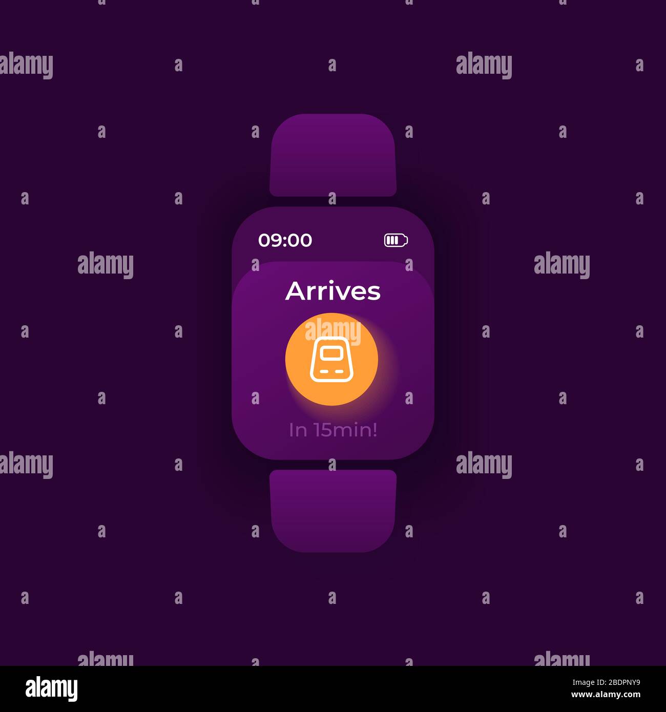Modello vettoriale interfaccia smartwatch avviso di viaggio. Design della modalità notte di notifica dell'app mobile per il trasporto ferroviario. Messaggio di promemoria arrivo treno Illustrazione Vettoriale