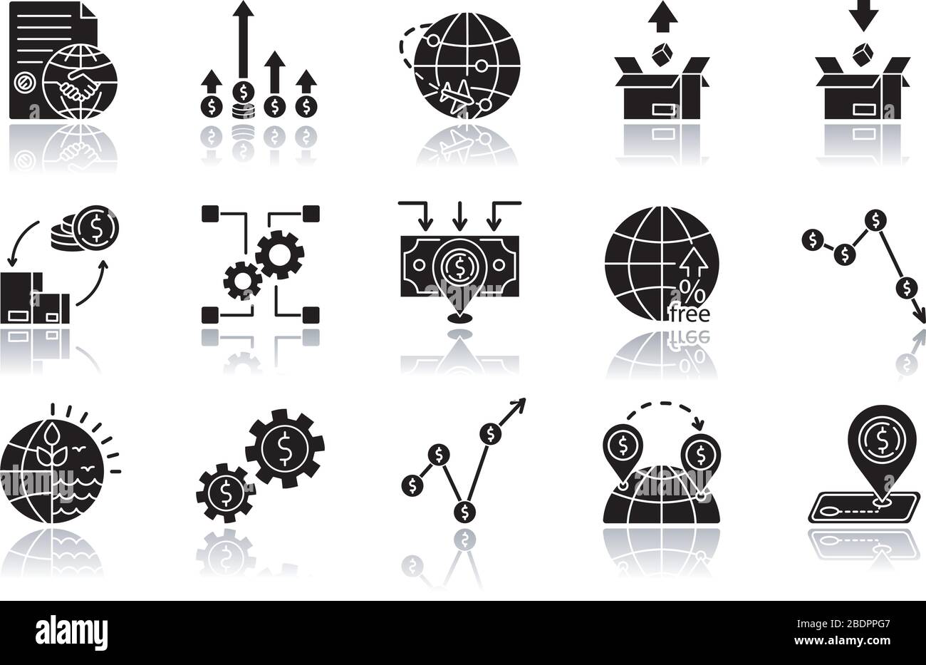 Set di icone glyph nero ombra commerciale globale. Economia mondiale, investimenti e reddito. Esportazione e importazione, beni aziendali e risorse naturali Illustrazione Vettoriale