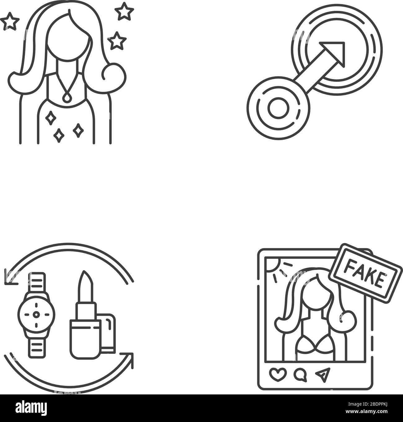 Set di icone lineari perfette per i pixel dei social media influencer. Celebrità femminile popolare. Baratto dei prodotti. Simboli di contorno a linea sottile personalizzabili. Isolato Illustrazione Vettoriale