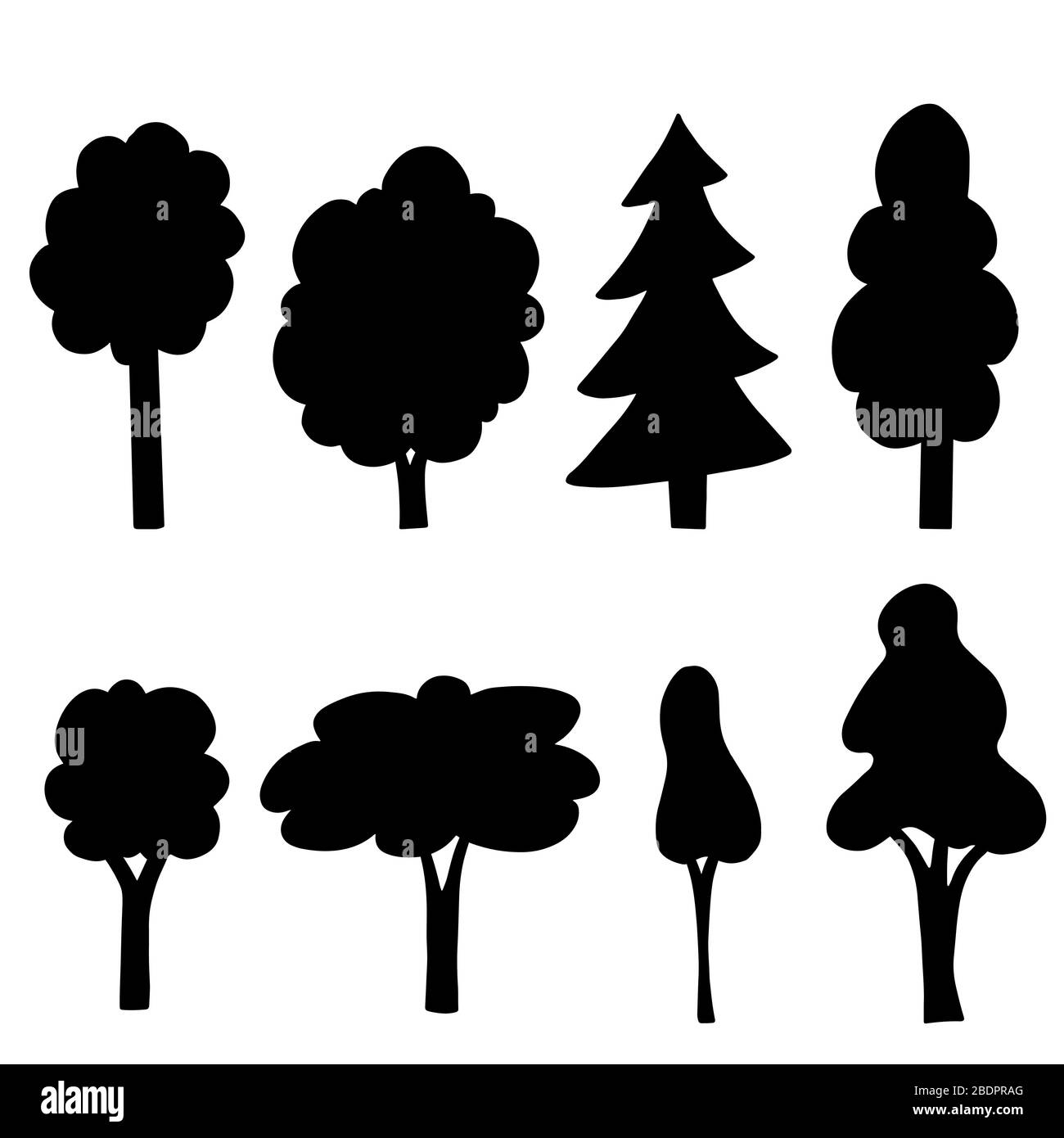 Set di cartoni animati con elementi disegnati a mano isolati. Natura disegno grafico ad albero piatto. Semplice illustrazione vettoriale in stile silhouette. Illustrazione Vettoriale