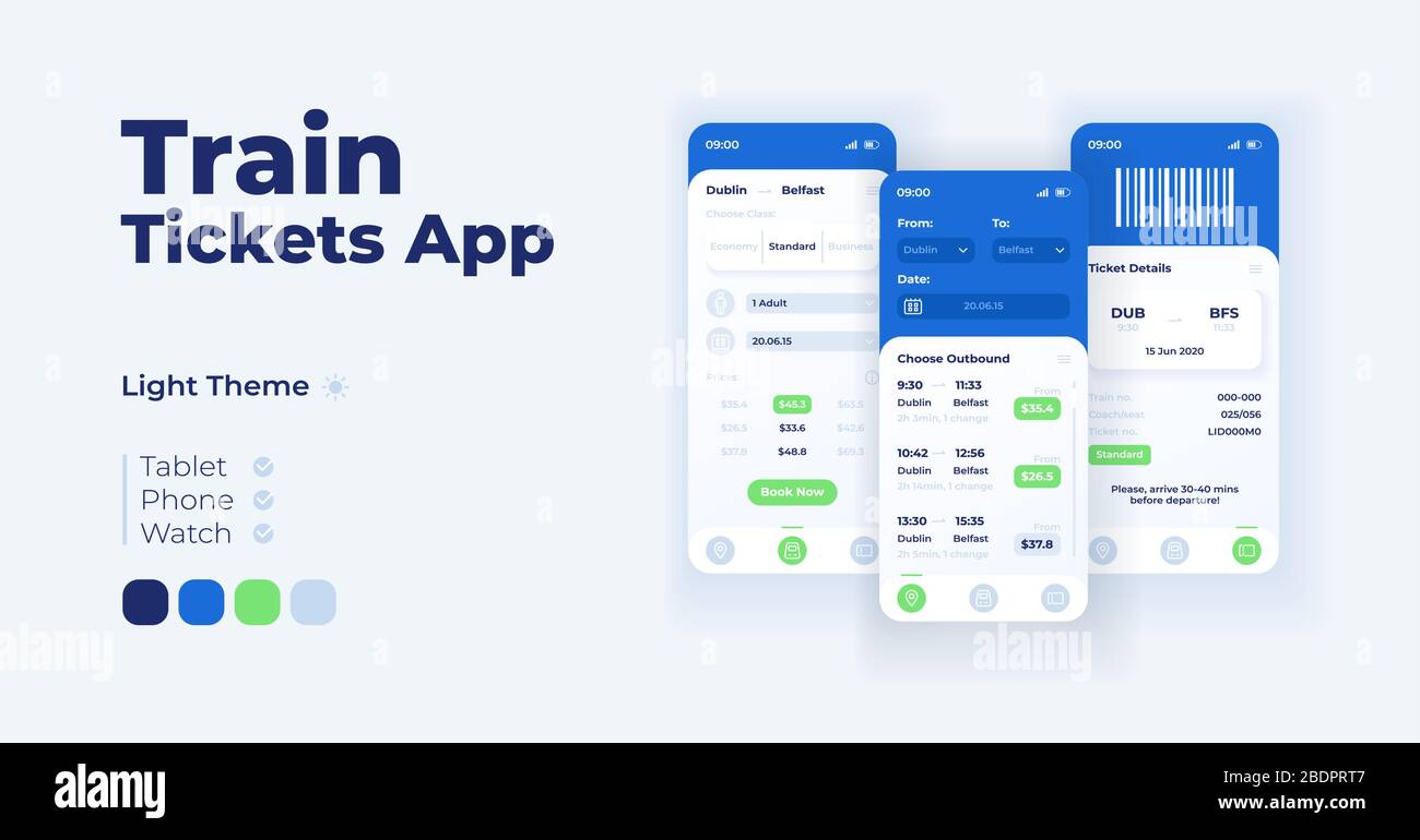 Set di modelli vettoriali per l'interfaccia dello smartphone dell'app Train Tickets. Design della modalità giorno della pagina della schermata dell'app mobile. Menu di ricerca e dettagli del viaggio UI per Illustrazione Vettoriale