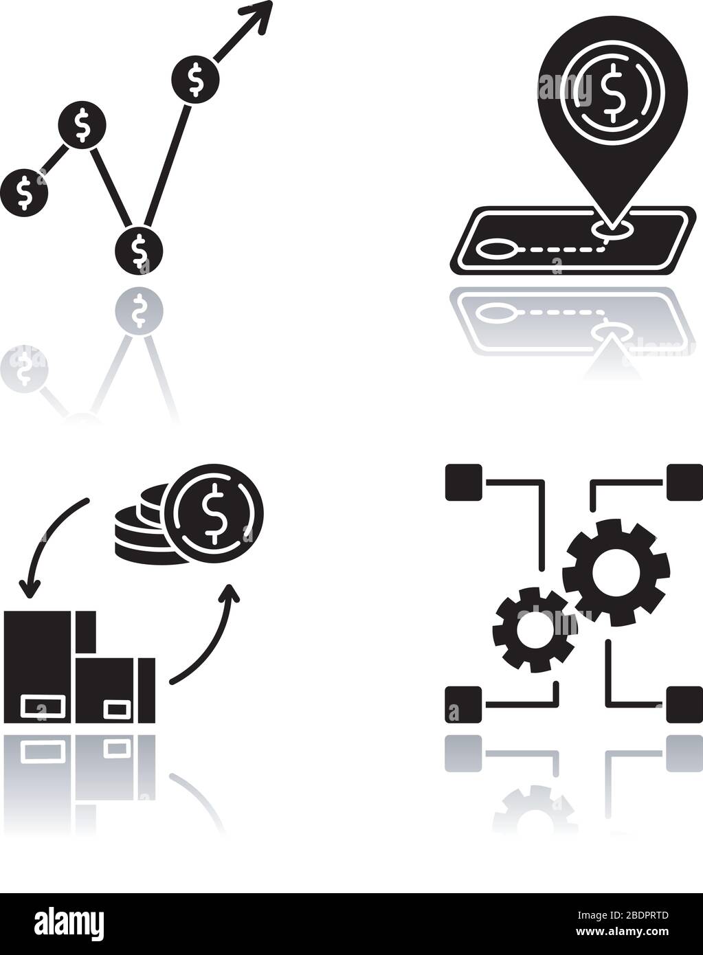 Paese economia ombra ombra ombra nero icone glifo set. Prodotto interno lordo, outsorting e sviluppo industriale. Tariffe e saldo dei pagamenti Illustrazione Vettoriale