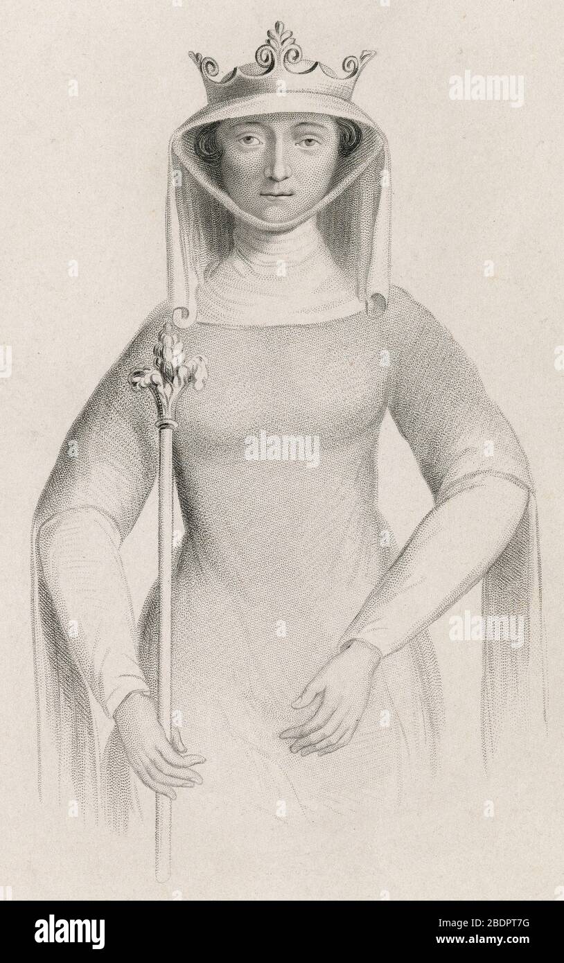 Incisione antica, Isabella di Francia. Isabella di Francia (1295-1358), fu regina d'Inghilterra come moglie di Edoardo II, e reggente d'Inghilterra dal 1327 al 1330. FONTE: INCISIONE ORIGINALE Foto Stock